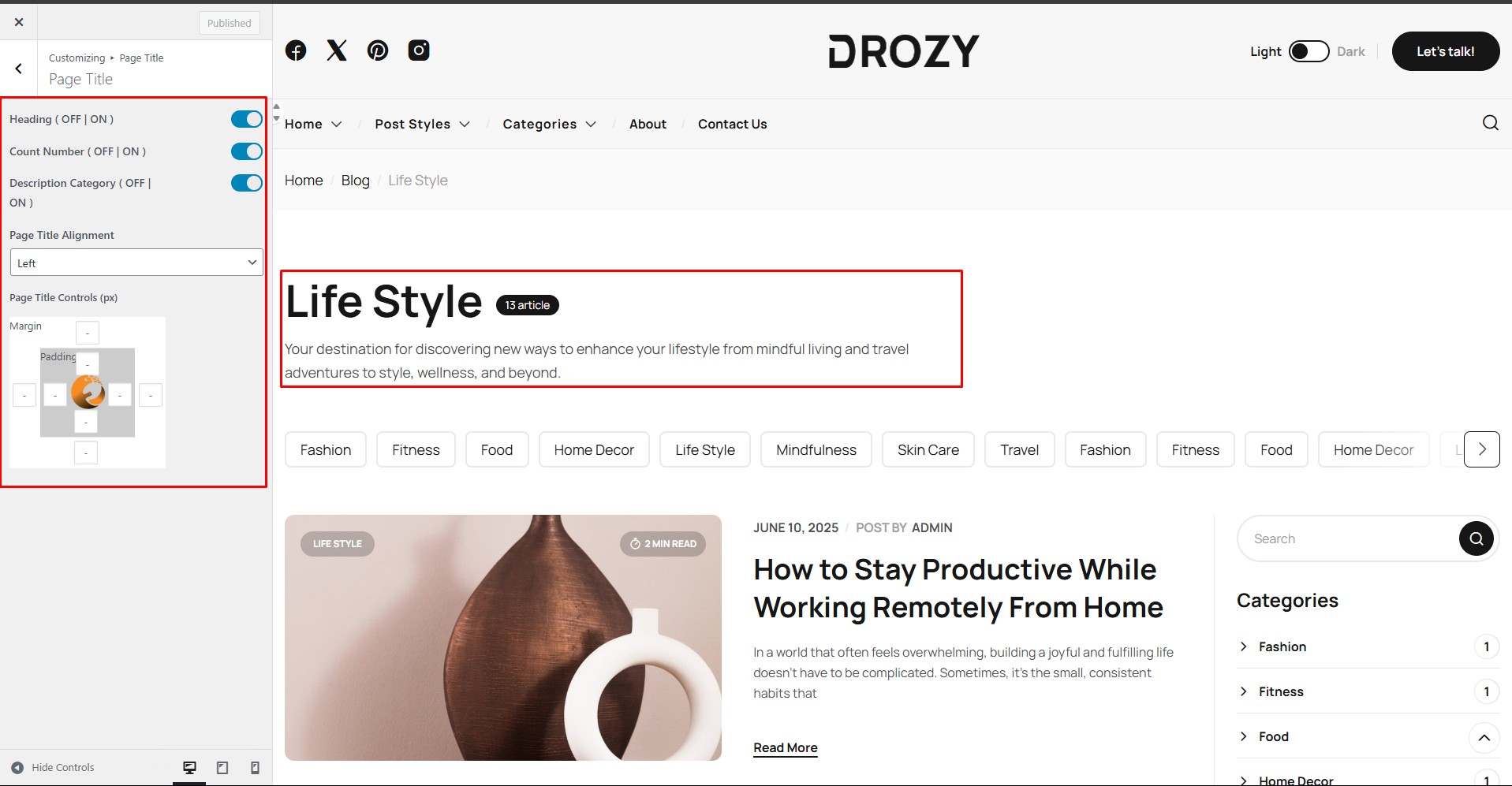 Page Title Layout Settings