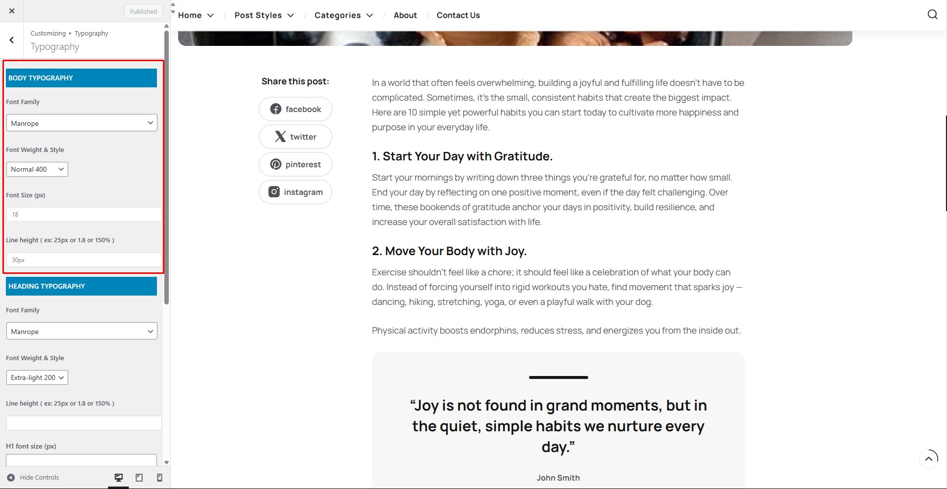 Body Font Settings