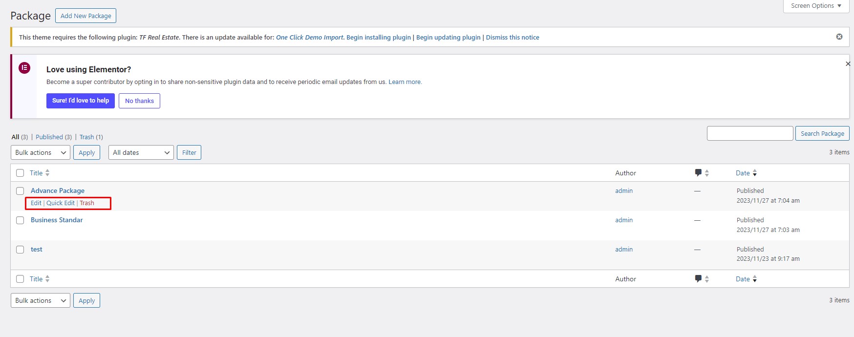 Package list screenshot