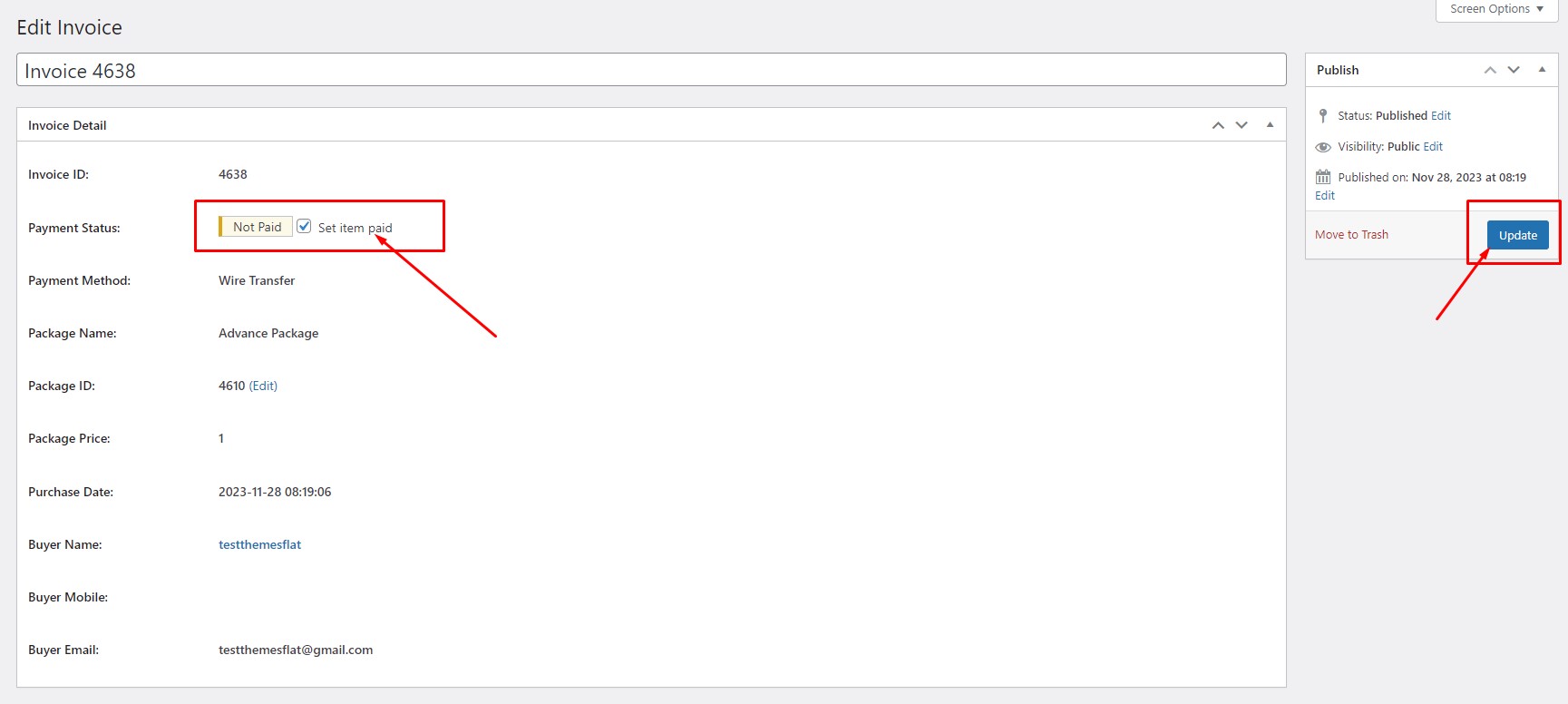 Invoice status update screenshot