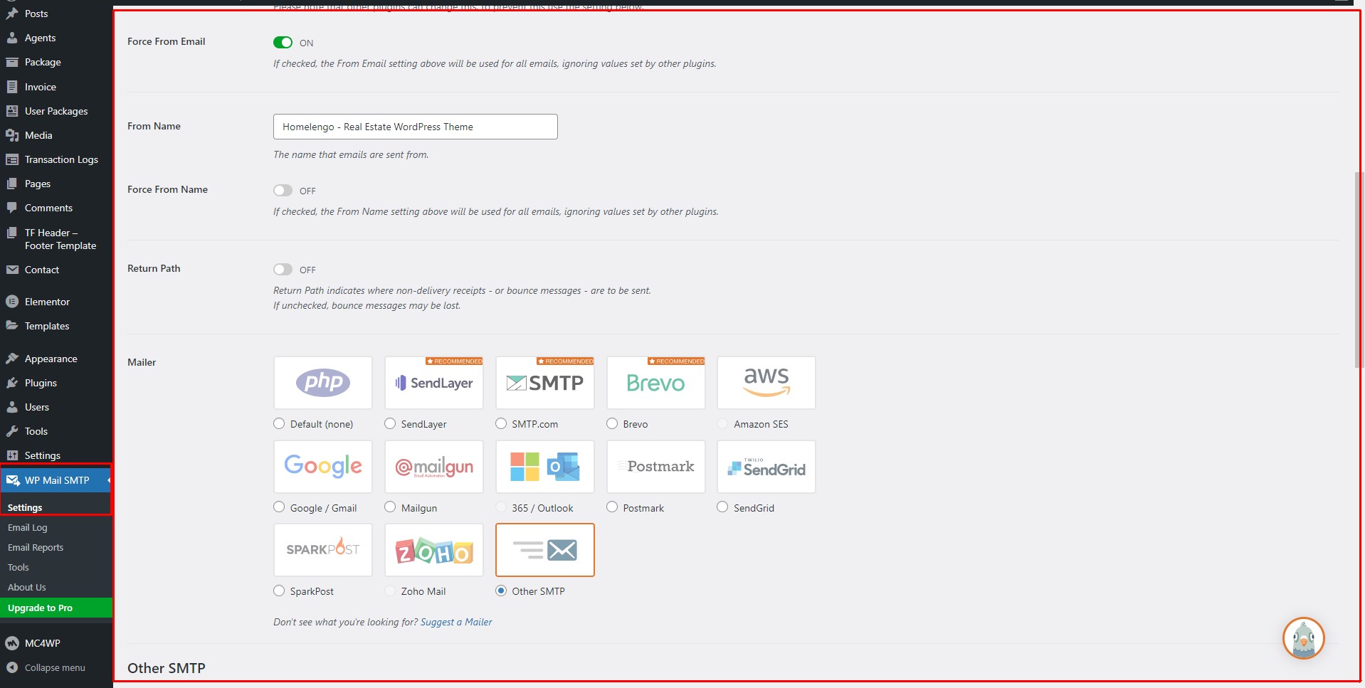 WP Mail SMTP settings screenshot