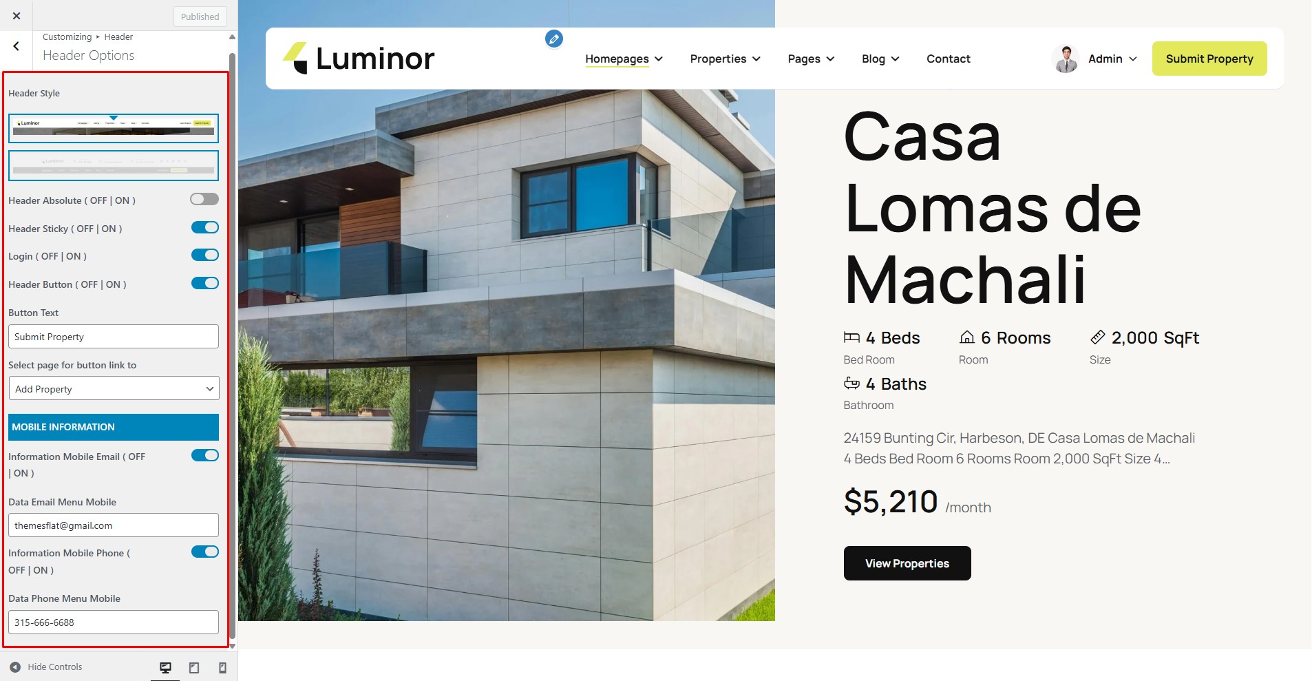 Header Options Screenshot
