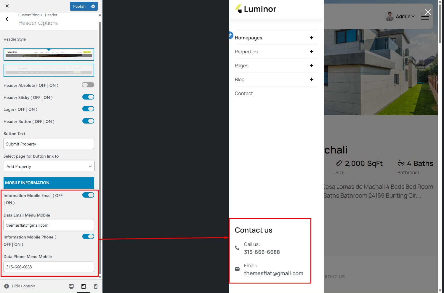 Header Options Screenshot