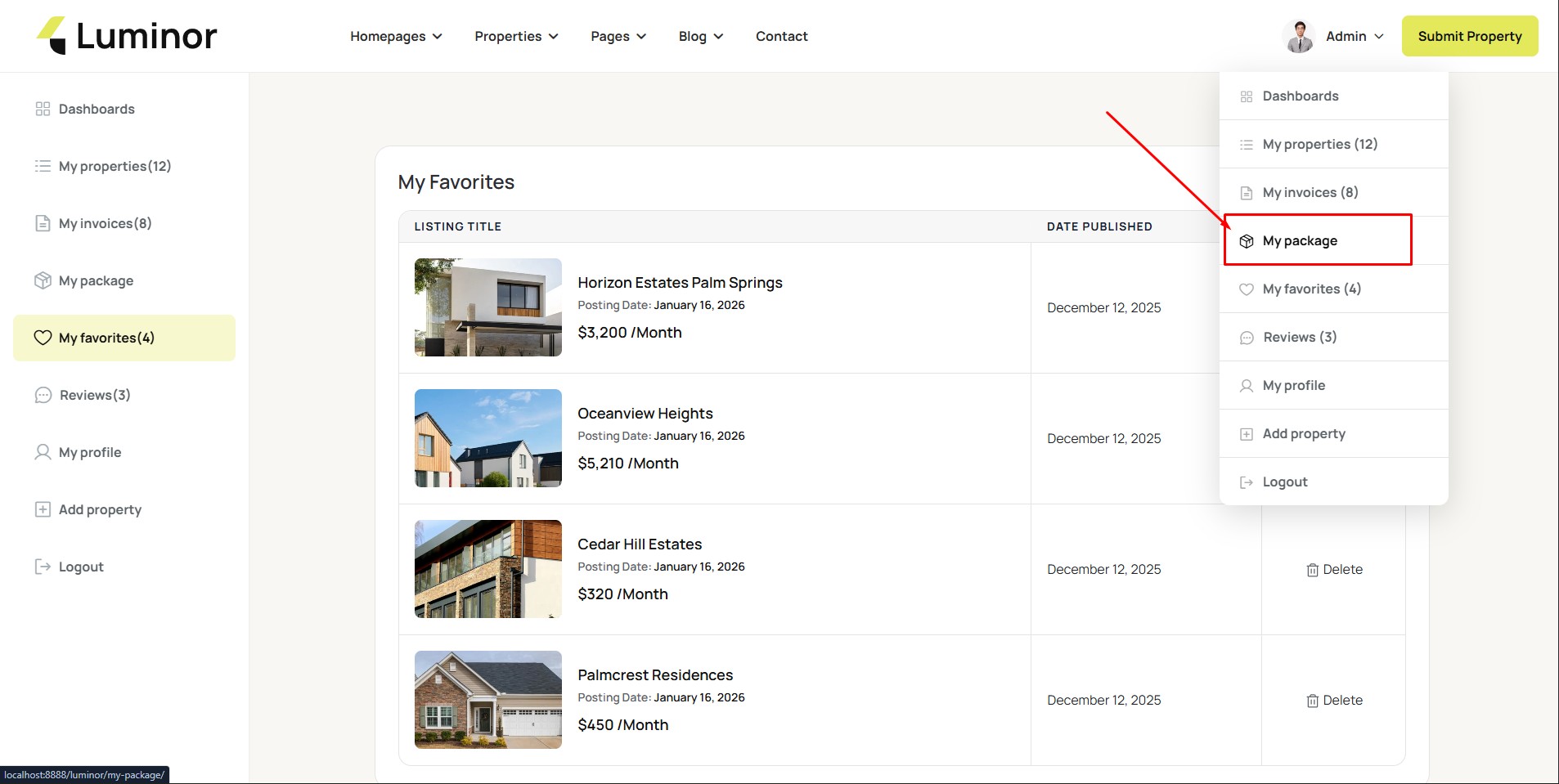 My package dashboard screenshot