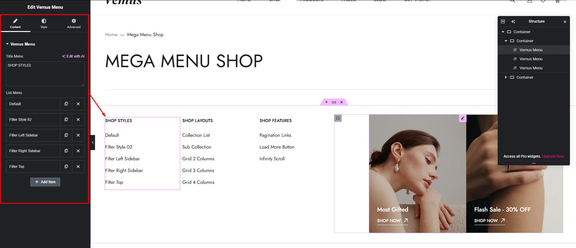 Vemus Menu Customize