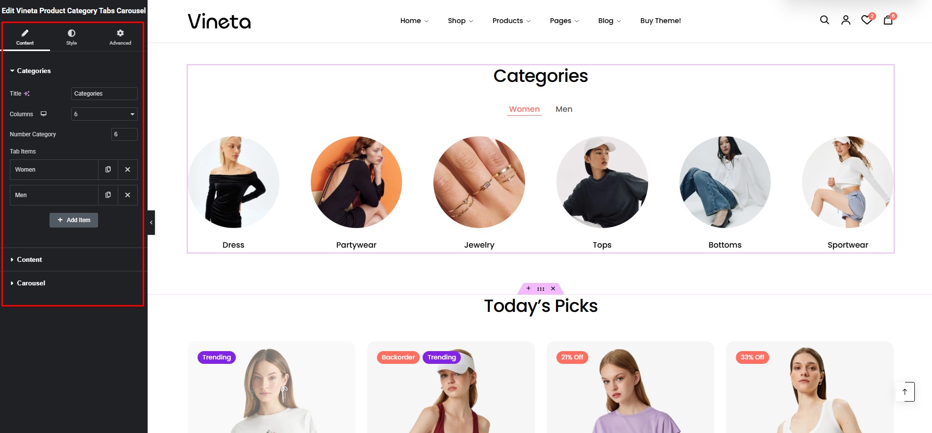 Customize Vineta Product Category Tab Carousel