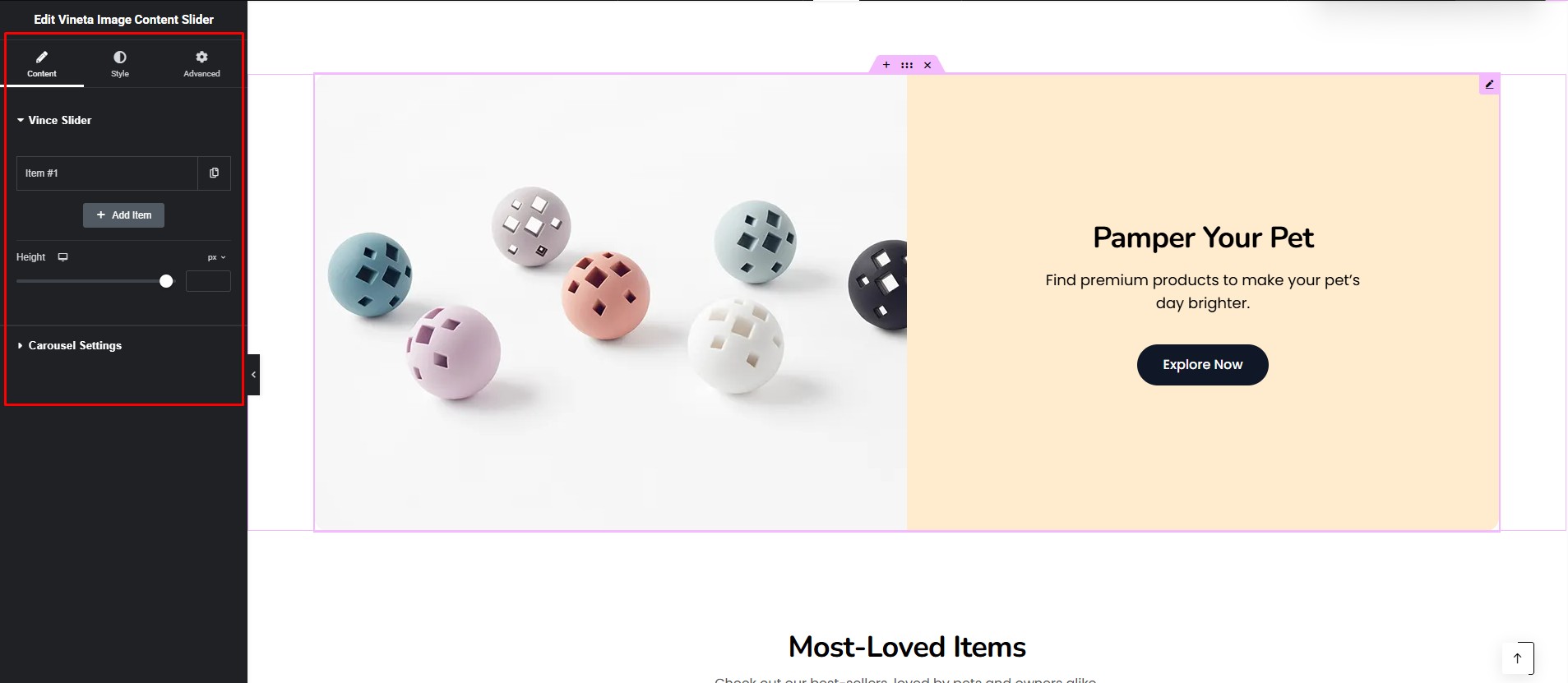 Customize Vineta Image Content Slider