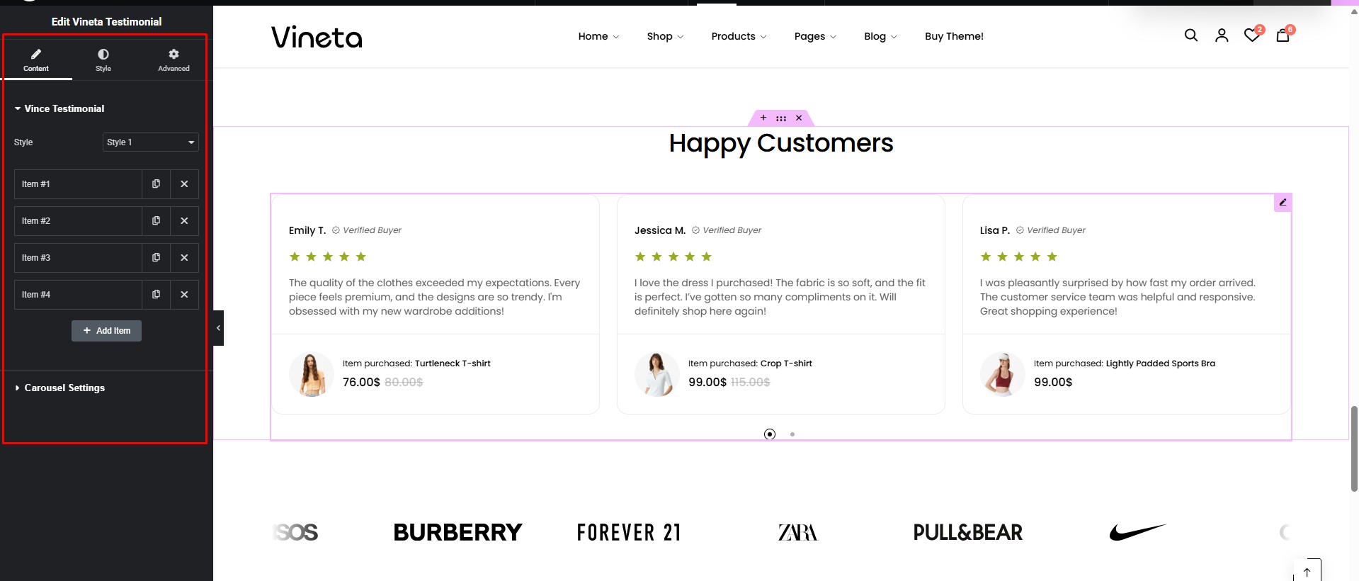 Vineta Testimonial Customize