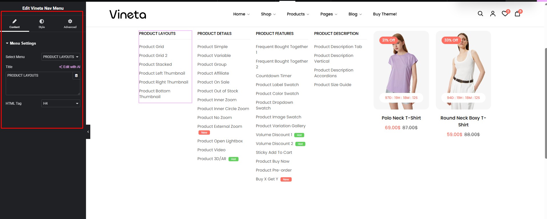Vineta Nav Menu Customize