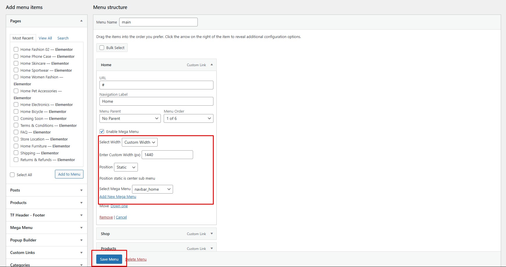 Configure Mega Menu settings