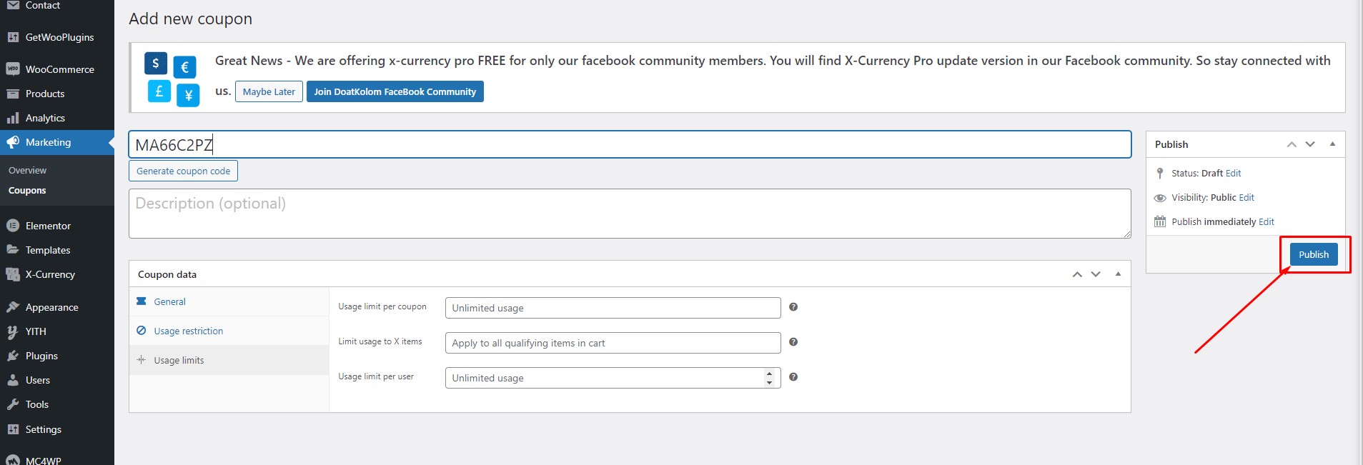 Publish coupon screenshot