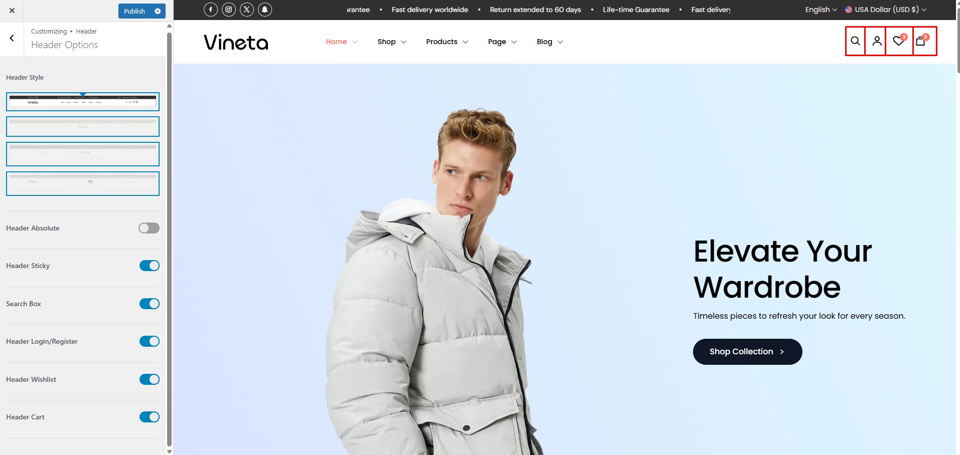 Header Options Screenshot