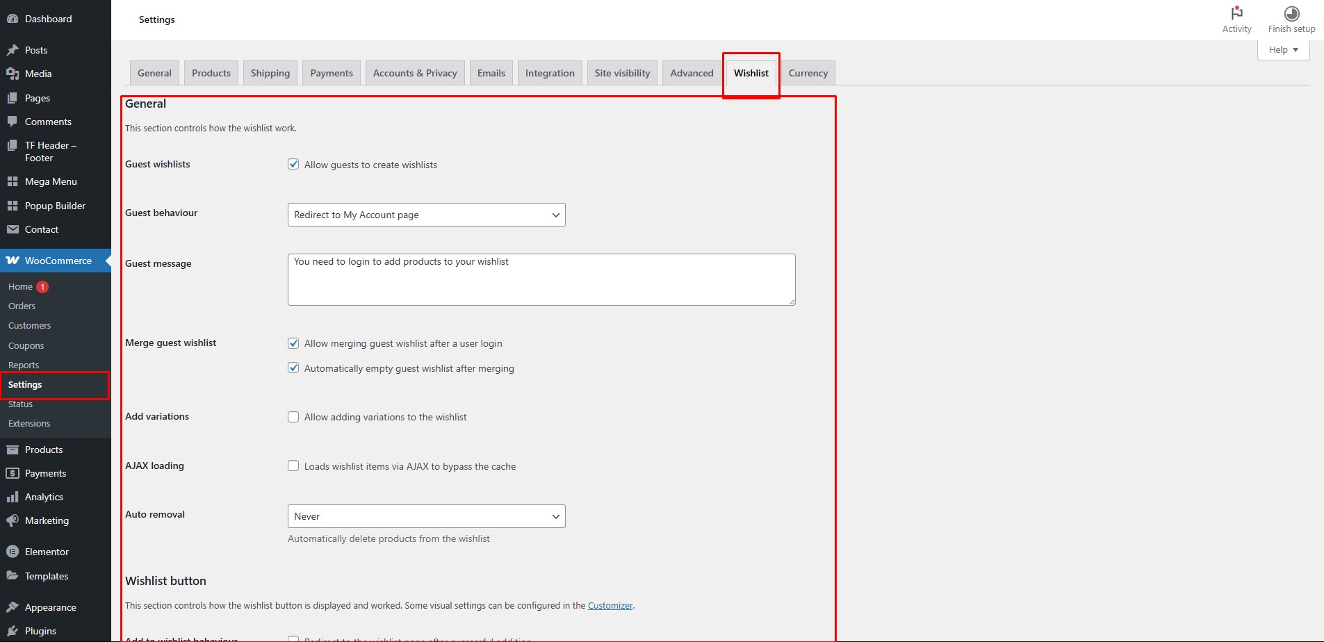Wishlist settings