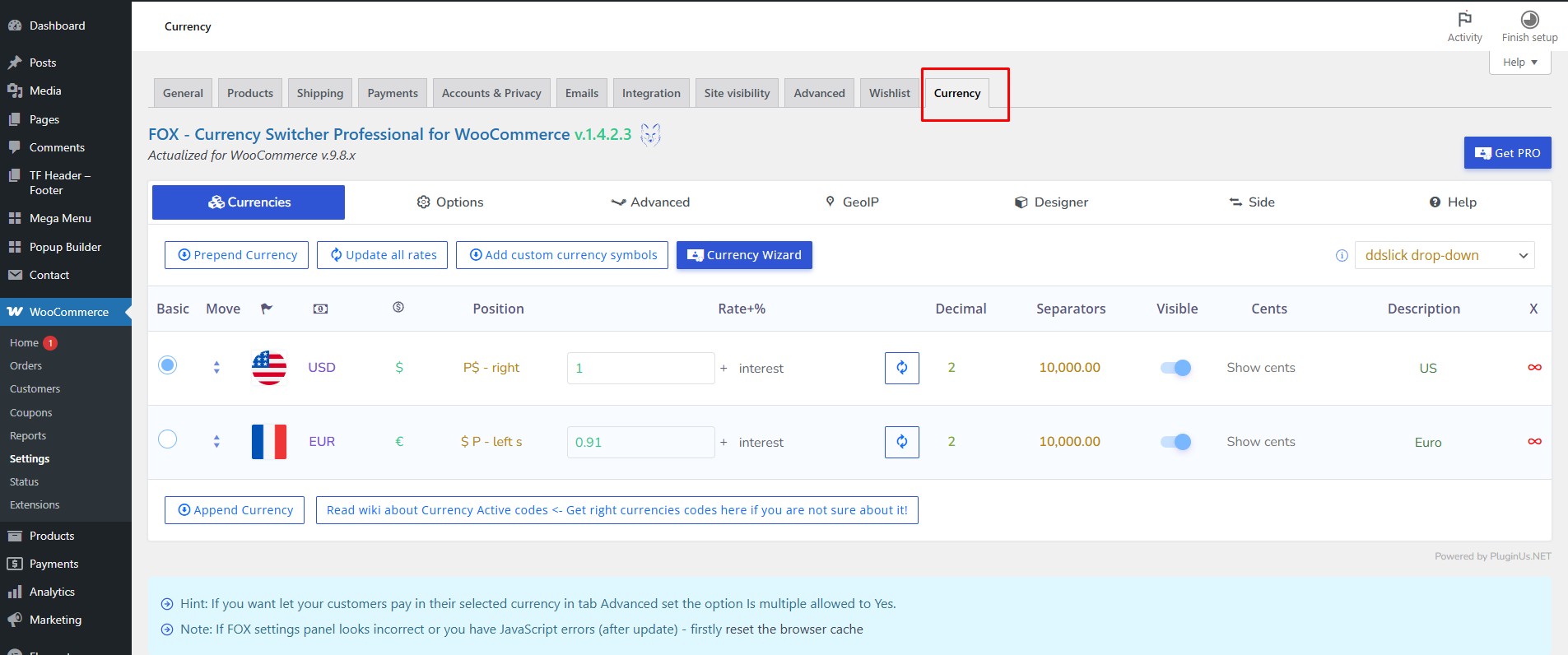 Currency switcher