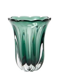 Wide Fluted Green Glass Vase